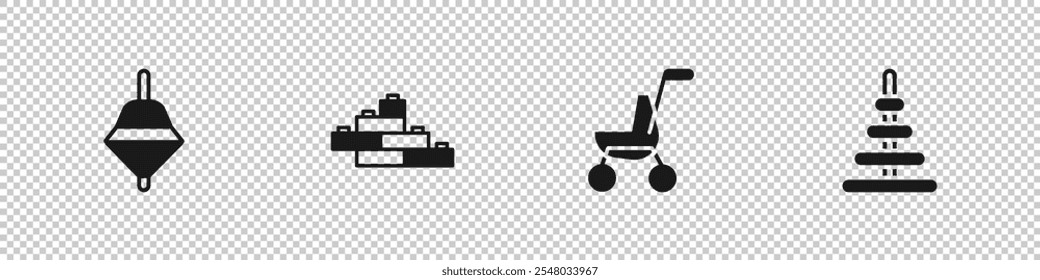 Set Whirligig toy, Toy building block bricks, Baby stroller and Pyramid icon. Vector