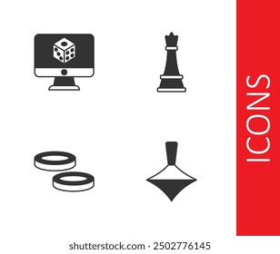 Set Whirligig toy, Game dice, Checker game chips and Chess icon. Vector
