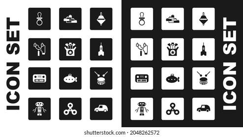 Set Whirligig toy, Jack in the box, Slingshot, Baby dummy pacifier, Dart arrow, Toy building block bricks, Drum with drum sticks and piano icon. Vector