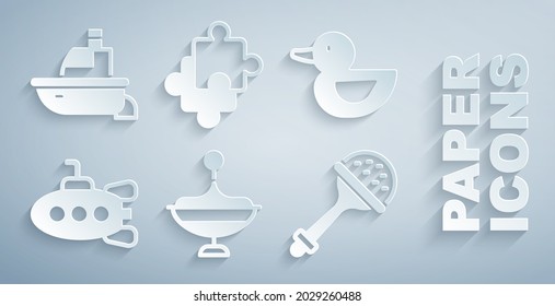 Set Whirligig toy, Rubber duck, Submarine, Rattle baby, Puzzle pieces and Toy boat icon. Vector