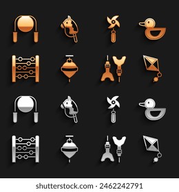 Set Whirligig toy, Rubber duck, Kite, Dart arrow, Abacus, Pinwheel, Jump rope and Toy horse icon. Vector