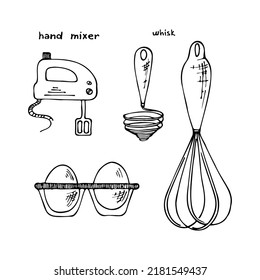 Set whisk of kitchen tools doodles. Hand drawn kitchen equipments. 
Vector illustration on white background. Clipart for restaurant menu, recipe book, and wallpaper.