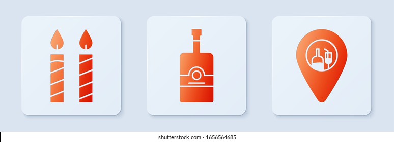 Set Whiskey bottle , Birthday cake candles  and Alcohol or beer bar location . White square button. Vector