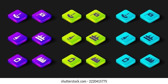 Set Whiskey bottle, Bottles of wine in a wooden box, Champagne, Pack beer bottles, Street signboard with Bar and Pickled cucumber on fork icon. Vector