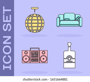 Set Whiskey bottle , Disco ball , Home stereo with two speakers  and Sofa  icon. Vector