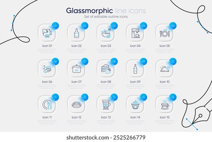 Set of Whiskey bottle, Food delivery and Coffee maker line icons for web app. Cake, Romantic dinner, Wine bottle icons. Coffee cup, Supply chain, Dishes signs. Frappe, Salad, Dish. Pasta. Vector