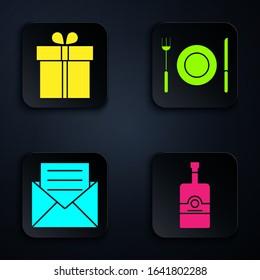 Set Whiskey bottle , Gift box , Envelope with invitation card  and Plate, fork and knife . Black square button. Vector