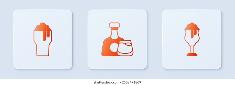 Set Whiskey bottle and glass, Glass of beer and . White square button. Vector