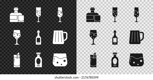 Set Whiskey bottle and glass, Glass of champagne, Cocktail Bloody Mary, Alcohol drink Rum, whiskey,  and Champagne icon. Vector