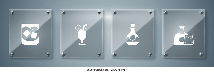 Set Whiskey bottle and glass, Bottle of cognac or brandy, Cocktail and Glass whiskey. Square glass panels. Vector