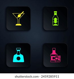 Set Whiskey bottle and glass, Martini, Tequila and Beer. Black square button. Vector