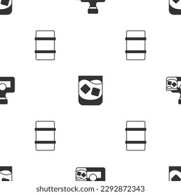 Set Whiskey bottle and glass, Glass of whiskey and Metal beer keg on seamless pattern. Vector