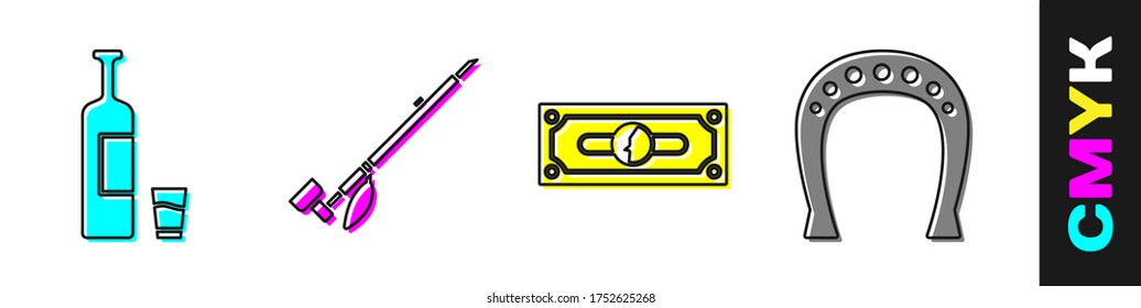 Set Whiskey bottle and glass, Native American indian smoking pipe, Stacks paper money cash and Horseshoe icon. Vector