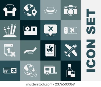 Set Whiskey bottle and glass, Plane, Airline ticket, Man hat with ribbon, Action camera, Ski sticks, Armchair and Speech bubble airplane icon. Vector