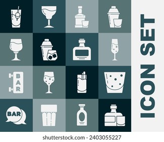 Set Whiskey bottle and glass, Glass of rum, champagne, Cocktail shaker, Wine, Bloody Mary and  icon. Vector