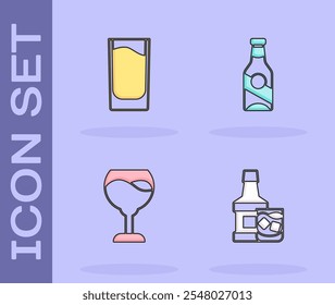 Set Whiskey bottle and glass, Shot, Wine and Beer icon. Vector