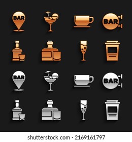 Set Whiskey bottle and glass, Street signboard with Bar, Coffee cup to go, Glass champagne, Alcohol bar location and Cocktail icon. Vector