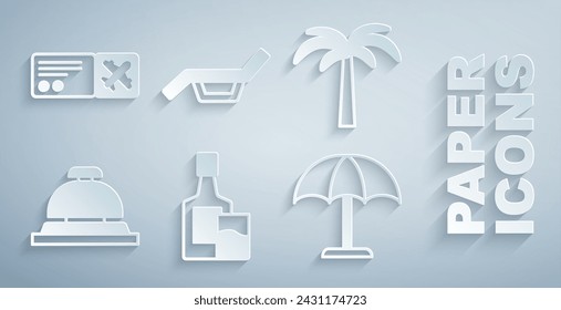Set Whiskey bottle and glass, Tropical palm tree, Hotel service bell, Sun protective umbrella, Sunbed and Airline ticket icon. Vector