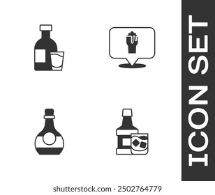 Set Whiskey bottle and glass, Bottle of vodka with, cognac or brandy and Alcohol beer bar location icon. Vector