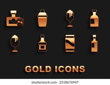 Set Whiskey bottle, Glass of vodka, Wine, Beer can, beer, and glass and Cocktail shaker icon. Vector