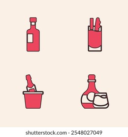 Set Whiskey bottle and glass, Wine, Cocktail Bloody Mary and Champagne ice bucket icon. Vector