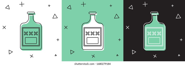 Set Whiskey bottle icon isolated on white and green, black background.  Vector Illustration