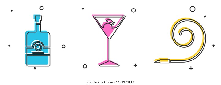 Set Whiskey bottle , Martini glass  and Birthday party horn  icon. Vector