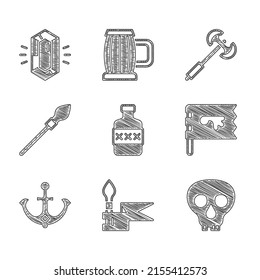 Set Whiskey bottle, Medieval spear, Skull, Viking flag, Anchor, poleaxe and Gem stone icon. Vector