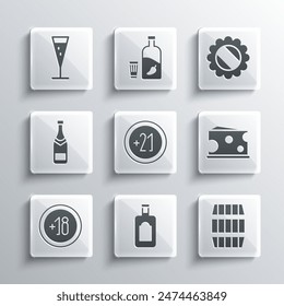Set Whiskey bottle, Wooden barrel, Cheese, Alcohol 21 plus, 18, Champagne, Glass of champagne and Bottle cap icon. Vector