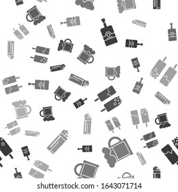 Set Whiskey bottle , Wooden beer mug , Ice cream  and Lighter  on seamless pattern. Vector