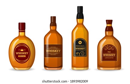 Conjunto de botellas de Whiskey etiquetadas. Elementos de diseño de alcohol de fondo blanco.