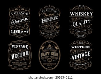 Set of whiskey label antique frame vintage border retro vector illustration