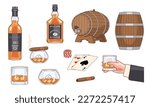 Set of whiskey. Man hand holding glass of scotch with ice cubes. Wooden barrels and bottles with alcoholic drink. Cigar and cards. Cartoon flat vector illustrations isolated on white background
