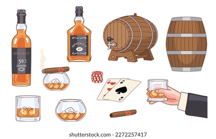 Juego de whisky. Mano del hombre sosteniendo un vaso de whisky con cubos de hielo. Barriles y botellas de madera con bebida alcohólica. Cigar y cartas. Ilustraciones de caricaturas de vectores planos aisladas en fondo blanco