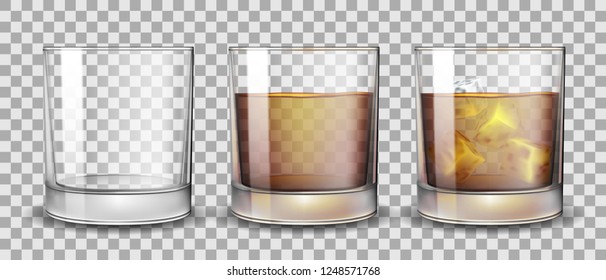 Set Of Whiskey, Rum, Bourbon Or Cognac Glasses With Alcohol And Without. Transparent Alcohol Glasses Drink In A Realistic Style. Vector 3d Illustration