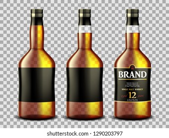 Set of whiskey, rum, bourbon or cognac glass bottle with Alcohol and without. Transparent bottles Drink in a realistic style. Vector 3d illustration