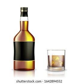 Set of whiskey, rum, bourbon or cognac glasses and bottle with Alcohol mockup. Realistic Transparent Drink bottle isolated. 3d vector illustration