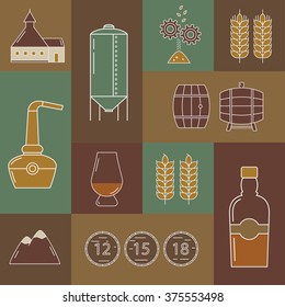 Set Of Whisky Icons. Modern Line Style Icons Of Whisky Process And Whisky Industry. Pictogramm Collection For Whisky Design. Flat Vector Symbols For Whisky Bar, Restaurant, Pub.