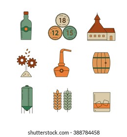 Set of whisky icons. Modern line style icons of whisky process and whisky industry. Pictogramm collection for whisky design. Flat vector symbols for whisky bar, restaurant, pub.