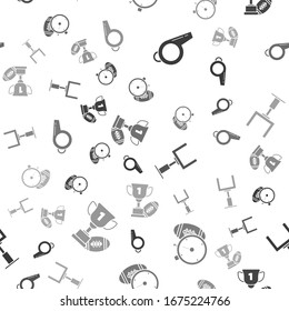 Set Whistle, American Football ball and stopwatch, American football goal post and Award cup and American football ball on seamless pattern. Vector