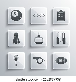 Set Whistle, American Football ball, Jump rope, TPX loop training equipment, Tennis racket, Badminton shuttlecock, Billiard pool snooker and Sport program icon. Vector