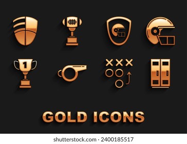 Set Whistle, American football helmet, Locker or changing room for football, basketball team or workers, Planning strategy concept, Award cup, and shield, Football club logo template and  icon. Vector