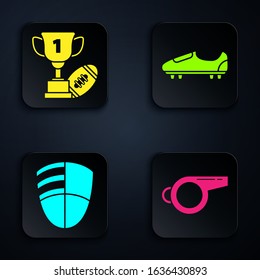 Set Whistle, Award cup and American football ball, Football club logo template and Soccer or football shoes with spikes. Black square button. Vector