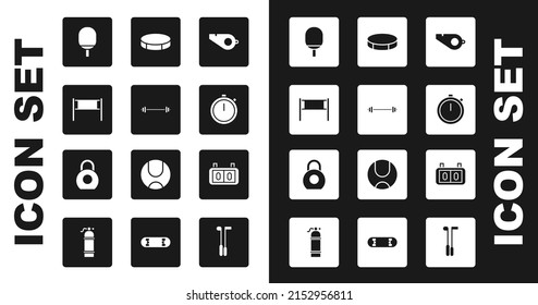 Set Whistle, Barbell, Volleyball net, Racket for playing table tennis, Stopwatch, Hockey puck, Sport mechanical scoreboard and Kettlebell icon. Vector