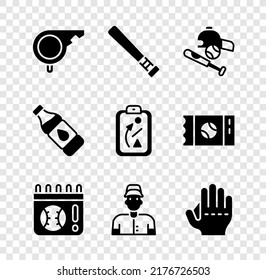 Set Whistle, Baseball bat, with ball, hat, Calendar baseball game, player, glove, Bottle of water and Planning strategy icon. Vector