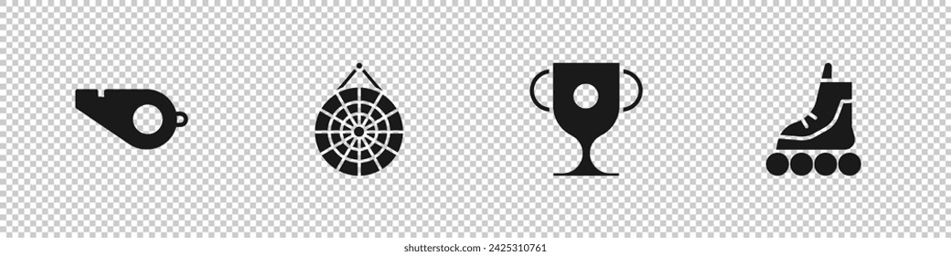 Set Whistle, Classic dart board, Award cup and Roller skate icon. Vector