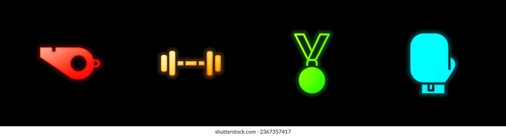 Set Whistle, Dumbbell, Medal and Boxing glove icon. Vector