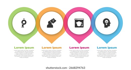 Set Silbato, cabeza con signo de interrogación, educación en línea y bombilla humana. Plantilla de infografía de negocios. Vector