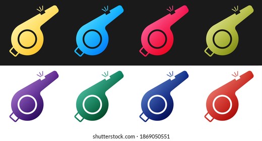 Set Whistle icon isolated on black and white background. Referee symbol. Fitness and sport sign. Vector.