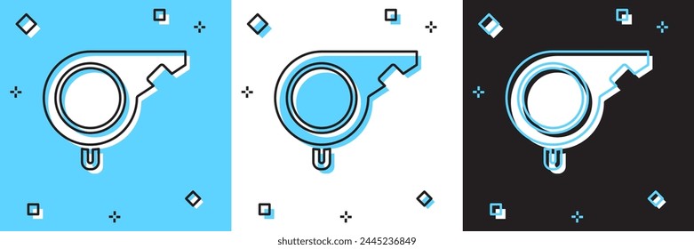 Pfeifensymbol auf blauem und weißem, schwarzem Hintergrund einstellen. Schiedsrichter-Symbol. Fitness und Sport Zeichen.  Vektorgrafik
